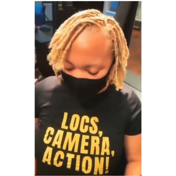 Check out @naturallynikka wearing our "Locs, Camera, Action" tee 📸